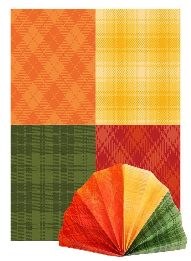 وولاين مناديل ورقية من Whaline Fall Buffalo، بنمط مربعات خريفية، بأربعة ألوان متداخلة (برتقالي، أصفر، أحمر، أخضر)، للاستخدام مرة واحدة، مناسبة للغداء والحلوى والعشاء، مثالية للمنزل والمطبخ والمطاعم والحفلات، 50 قطعة - Image 1